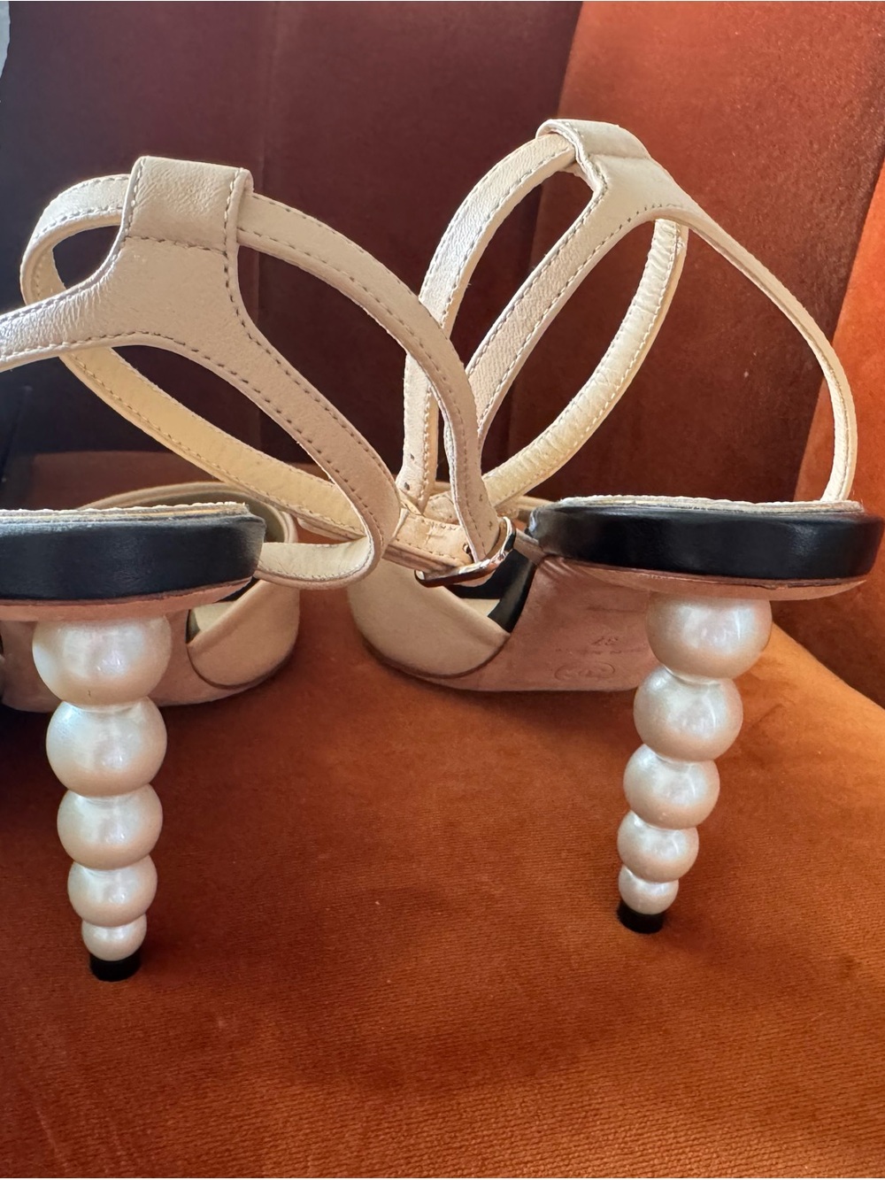 CHANEL Tan Leather Open-Toe Ankle Strap with pearl heels - Picture 13 of 13